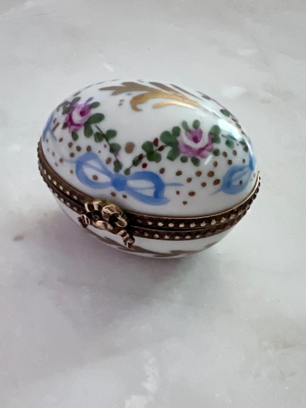 Vintage Limoges France Rare Egg Shaped Trinket Box Hand Painted Rose Blue Bow